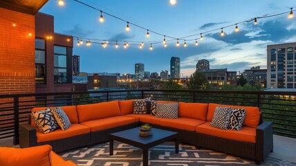 Rooftop Seating Area with Cozy Couch and String Lights Illuminated by Sunset Over City Skyline