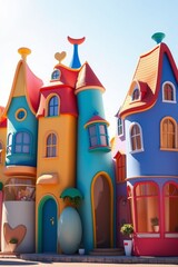 Colorful cartoon style houses with whimsical architecture and playful design vibrant