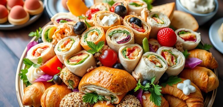 Vibrant platter overflowing with mini sandwiches, wraps, croissants, and sweet treats, croissants, snacks