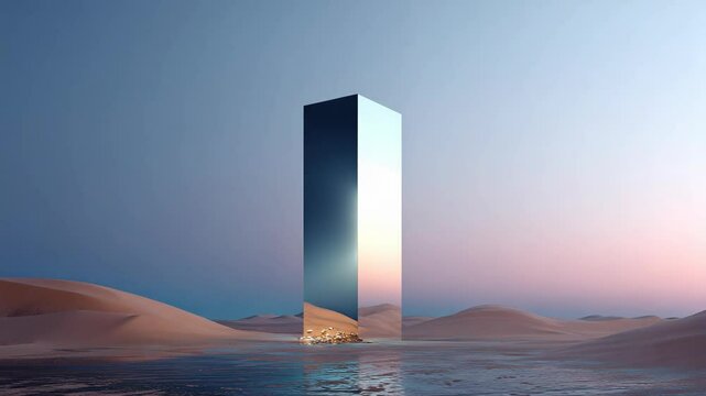 Surreal desert landscape with mirror monolith reflecting dunes at sunset, conceptual art installation near calm water