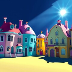 Colorful cartoon style houses under a bright sky on a sunny