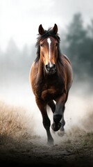 Powerful horse galloping through misty landscape in the early morning light