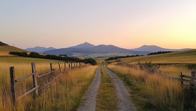 A gravel road stretches into a distant mountain range at sunset.  Golden, dried grass lines the edges of a dirt path, bordered by a weathered wooden fence.  Pastel colors of twilight paint the sky - Powered by Adobe