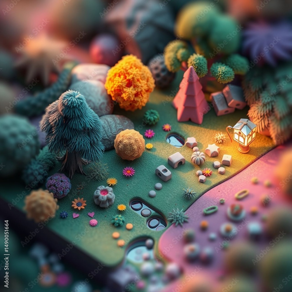 Sticker miniature landscape with colorful trees artificial terrain and glowing lantern