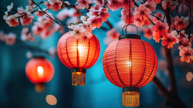 Illuminated red lanterns hanging from cherry blossom branches.