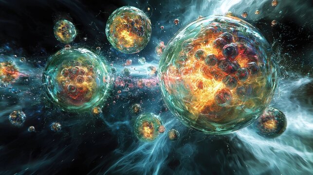 Abstract representation of cosmic particles in a dynamic nebula.