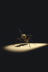Insect illuminated by spotlight on dark background staring at camera