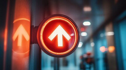 Illuminated red up arrow sign on a wall. © agus