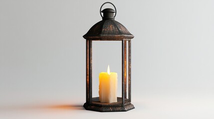 Rustic, octagonal metal lantern with a warm, flickering candle inside, on a plain white background, showing subtle light cast