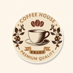 Coffee house. Vector illustration. Concept for cafe and restaurant logo, brand, label. Vintage Coffee House Logo with Cup, Beans and coffee tree branch