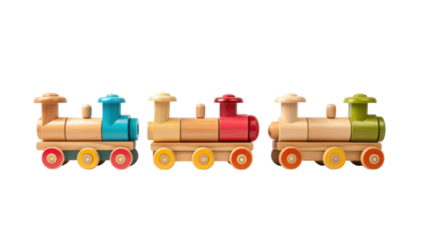 Three colorful wooden toy trains with bright paint, classic children's playset isolated on white background
