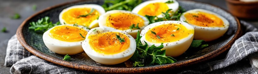 Simple cooking for nutrition with protein and yolk concept. Deliciously prepared soft boiled eggs plated with herbs.