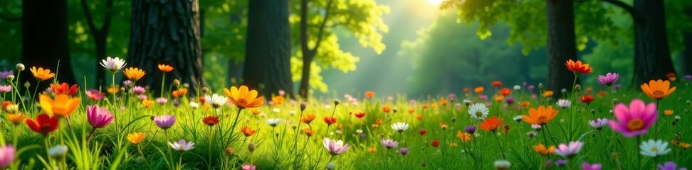 Obraz premium Wildflowers in meadow with tall trees in background, tranquil, scenic, nature