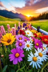 Obraz premium A field of colorful flowers with the sun setting in the background