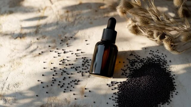 A bottle of oil is placed on a table with some black seeds scattered around it. The bottle is made of glass and has a black cap. The seeds are small and black