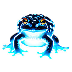 A luminous frog with bright orange eyes stands out against the dark backdrop, glowing intensely.