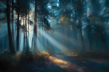 Naklejka premium A blurred forest landscape with gentle light rays streaming through the trees, offering a tranquil, natural vibe