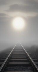 Foggy train tracks leading to a bright light