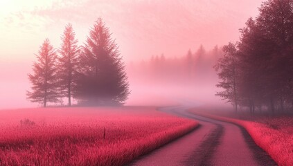 Misty pink sunrise over a winding road