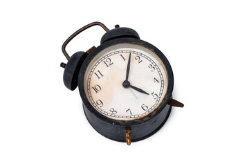 An old abandoned Black alarm clock analog classic vintage style is rusty and dirty isolated on...