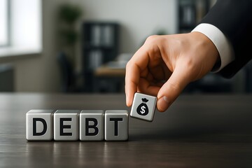 business debt management finance crisis financial problem money loss bankruptcy economy risk corporate loss cash flow pressure investment loan concept money bag hand holding block