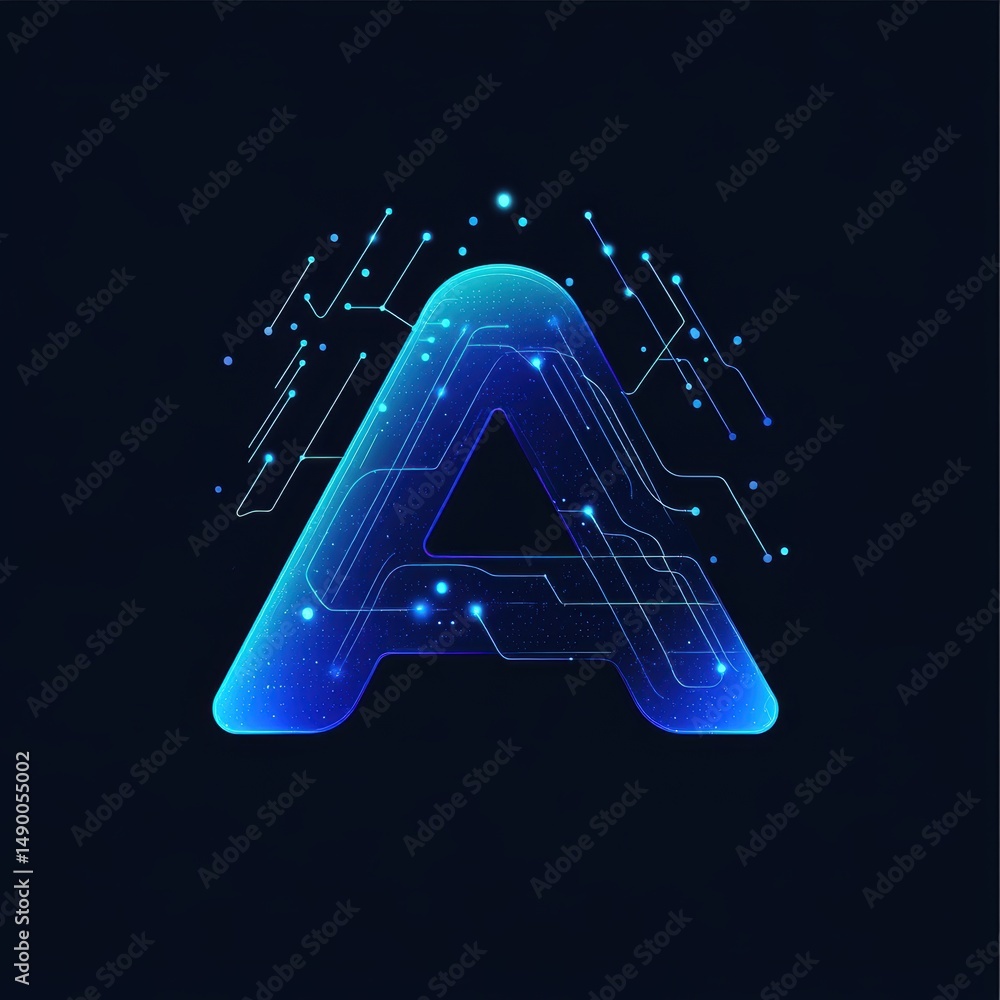 Poster letter a connected with network and glowing nodes on dark background