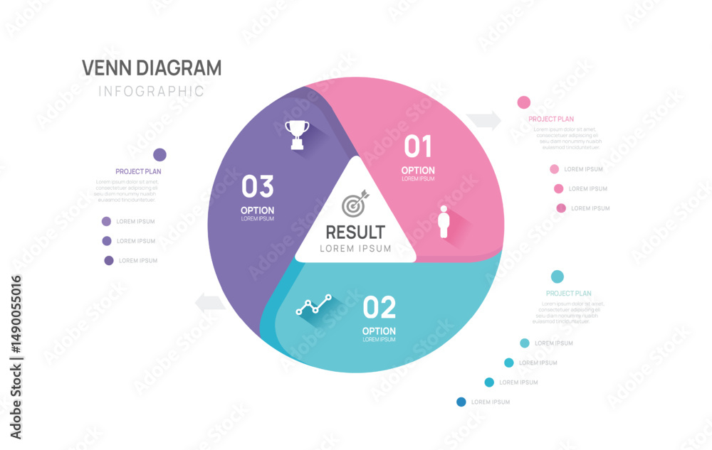 Wall mural venn diagram infographic circle 3 step chart template for business start up presentation vector illu