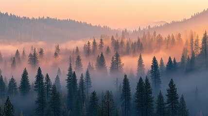 Obraz premium Row of Tall Trees Fading into Mist Under Soft Pastel Dawn Light in a Majestic Landscape