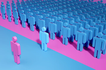 Standing Out The Pink Figure and the Blue Crowd 3D render