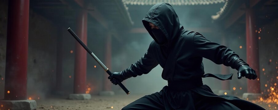 Striking ninja in sleek black attire striking a dynamic pose, martial arts, shadow, ninja