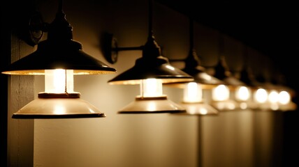 Obraz premium Row of Vintage Hanging Lamps with One Flickering Light Creating a Cozy Atmosphere in Dark Room