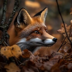 Fototapeta premium The Soft Bokeh and Autumn Foliage Enhance the Curious Gaze of a Peeking Red Fox