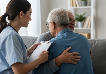 Obraz premium Nurse holding a clipboard hugging a senior man on a couch in a home setting