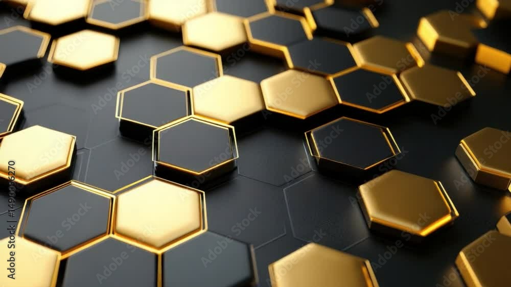 Poster abstract background of hexagonal shapes in black and gold tones creating a modern textured pattern f