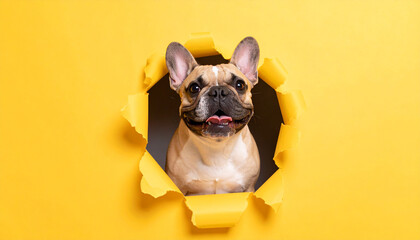 Funny smiling French Bulldog comes out of a paper yellow background tearing it. Cute dog, pet