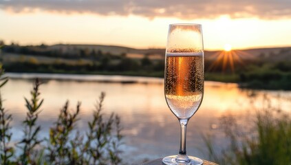 Champagne glass at sunset over a lake