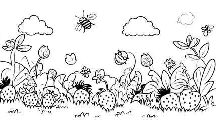 Bees pollinating strawberries in a garden; kids coloring book