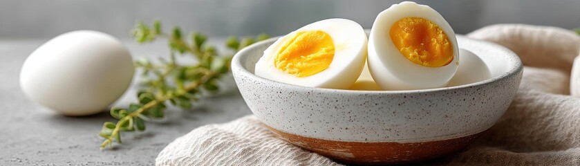 Simple cooking for nutrition with protein and yolk concept. Delicious boiled eggs served in a rustic bowl with herbs.