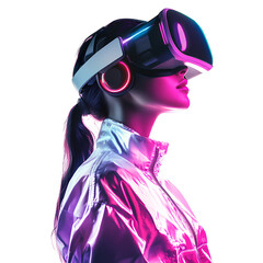 Futuristic Woman Wearing VR Headset with Neon Lights, Virtual Reality Concept
