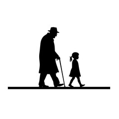 Obraz premium Silhouette of an elderly man with a cane walking alongside a young girl on a white background