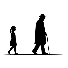 Silhouette of a girl walking alongside an older man with a cane on a white background image art