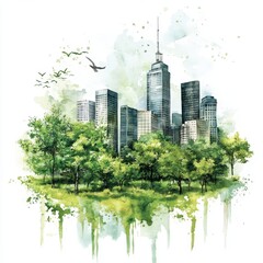 Obraz premium Tranquil Cityscape Watercolor Painting with Lush Greenery and Bird