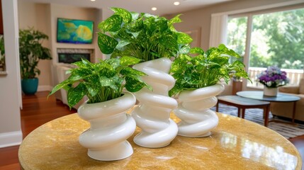Potted Plants, Home Decor, Interior Design - Golden Pothos in Modern Vases. Natural Greenery for Indoor Spaces.