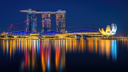 A vibrant nighttime view of a modern architectural complex reflected in still water.