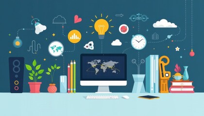 Modern Workspace with Computer and Creative Elements for Inspiration