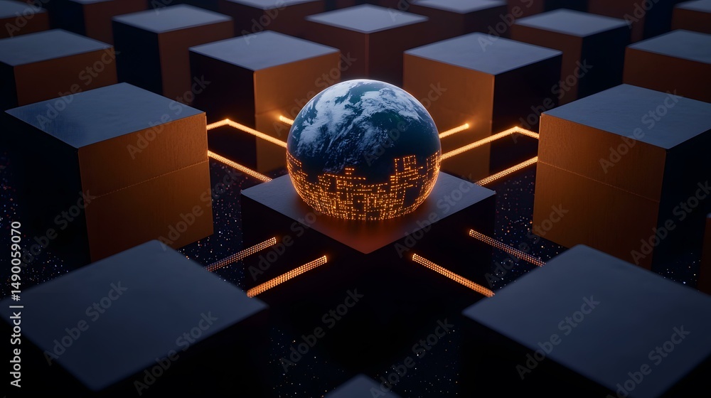 Poster a glowing earth sits atop a dark cube, connected to a grid of similar cubes by illuminated lines, su