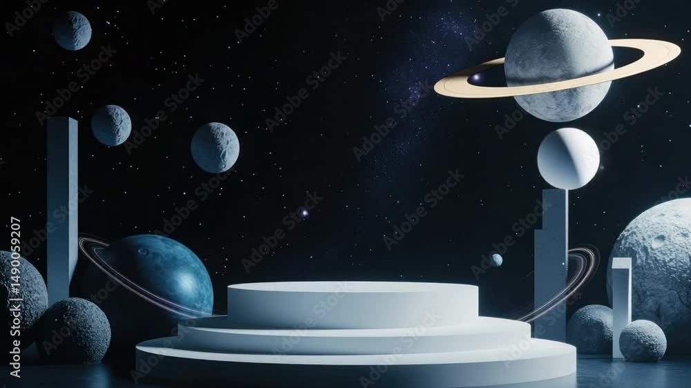 Poster cosmic landscape with planets and abstract structures under a starry sky in a sci-fi setting 4k vide