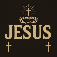 Text Jesus surrounded by symbolic crown of thorns and crosses on black background representing Christian faith and spiritual religious concept
