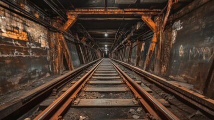 Old abandoned railway tunnel interior perspective