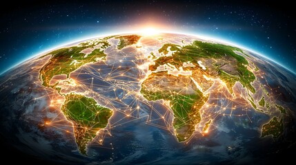 Fototapeta premium The image shows a digitally enhanced view of Earth from space, highlighting global interconnectedness through a network of bright lines representing communication and transportation routes.